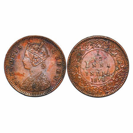 Victoria Queen, Copper, 1/12 Anna, 1874, Calcutta Mint, Obv A, No mint mark. F. Prid 783.