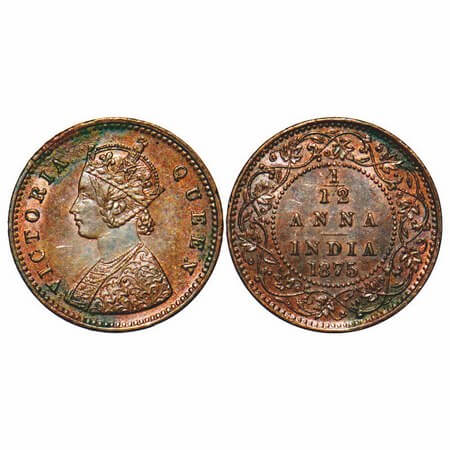 Victoria Queen, Copper, 1/12 Anna, 1875, Calcutta Mint, Obv A, No mint mark. F. Prid 784. 