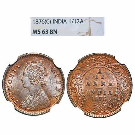 Victoria Queen, Copper, 1/12 Anna, 1876, Calcutta Mint, Obv A, No mint mark. F. Prid 785. 