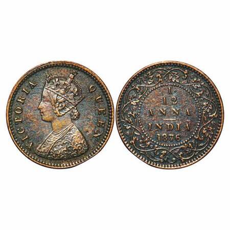 Victoria Queen, Copper, 1/12 Anna, 1876, Calcutta Mint, Obv A, No mint mark. F. Prid 785. 