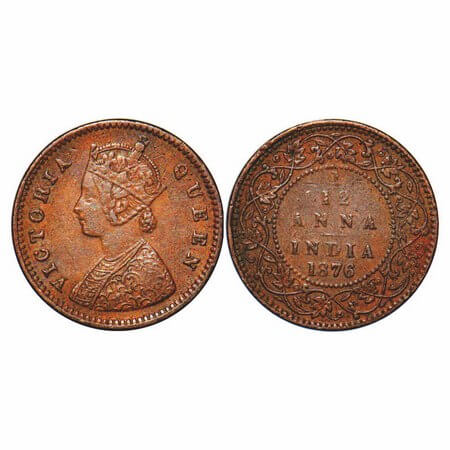Victoria Queen, Copper, 1/12 Anna, 1876, Calcutta Mint, Obv A, No mint mark. GK 888. Very 