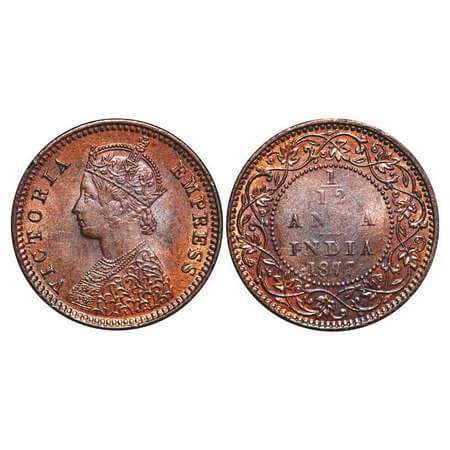 Victoria Empress, Copper, 1/12 Anna, 1877, Calcutta Mint, Obv B, No mint mark. F. Prid 786