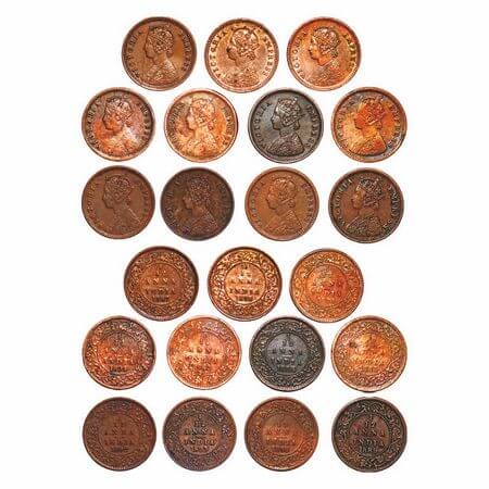 Victoria Empress, Copper, 1/12 Anna, (lot of 11 coins), 1878, 1882, 1883, 1884, 1887, 1889