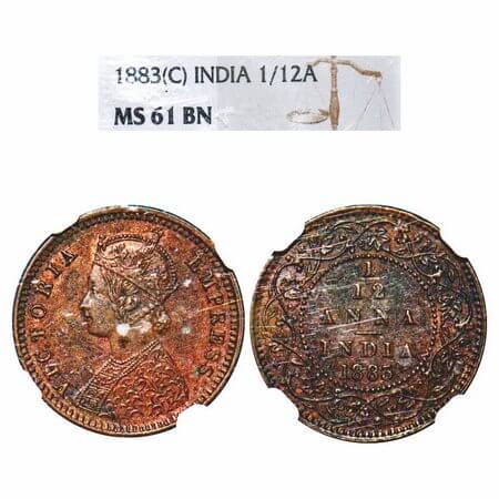 Victoria Empress, Copper, 1/12 Anna, 1883, Calcutta Mint, Obv B, 'C' incused. F. Prid 789.