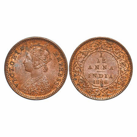 Victoria Empress, Copper, 1/12 Anna, 1886, Calcutta Mint, Obv B, 'C' incused. F. Prid 791.