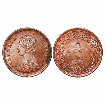 Victoria Empress, Copper, 1/12 Anna, 1887, Bombay Mint, Obv A, No mint mark. F. Prid 814. 