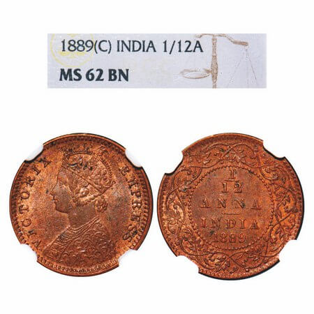 Victoria Empress, Copper, 1/12 Anna, 1889, Calcutta Mint, Obv B, No mint mark. F. Prid 794