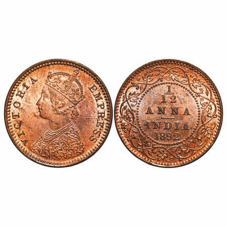 Victoria Empress, Copper, 1/12 Anna, 1892, Calcutta Mint, Obv B, No mint mark. F. Prid 797