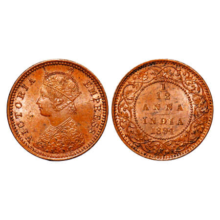 Victoria Empress, Copper, 1/12 Anna, 1894, Calcutta Mint, Obv B, No mint mark, Die cracks 