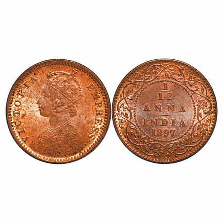 Victoria Empress, Copper, 1/12 Anna, 1897, Calcutta Mint, Obv B, No mint mark. F. Prid 802