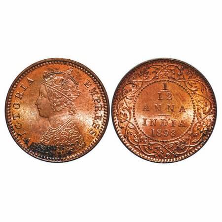 Victoria Empress, Copper, 1/12 Anna, 1898, Calcutta Mint, Obv B, No mint mark. F. Prid 803