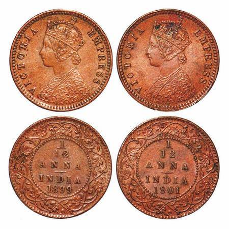 Victoria Empress, Copper, 1/12 Anna, (2 coins), 1899, 1901, Calcutta Mint, Obv B, No mint