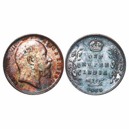 Edward VII, Silver, Rupee, 1905, Bombay Mint, B incused and Dot, Top stroke of numeral 5 l