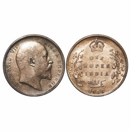 Edward VII, Silver, Rupee, 1906, Calcutta Mint, No mint mark. F. Prid 192. GK 938. Almost 