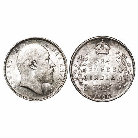 Edward VII, Silver, Rupee, 1906, Calcutta Mint, No mint mark. F. Prid 192. GK 938. About U