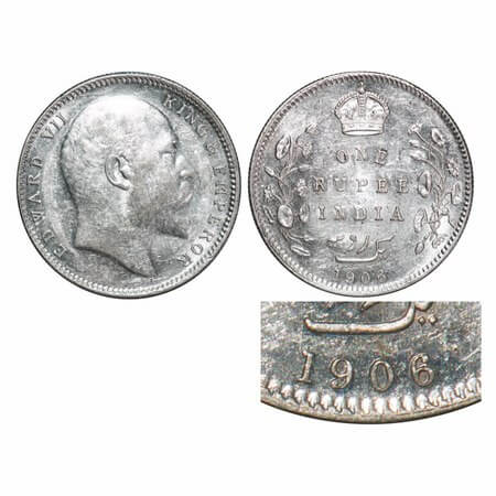 Edward VII, Silver, Rupee, 1906, Bombay Mint, 'B' incused and dot, Numeral 6 struck on num