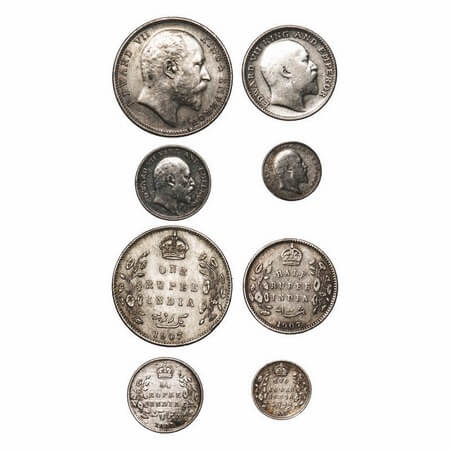 Edward VII, Silver, 1907, (4 coins), 1) Rupee, Bombay Mint, 'B' incused and dot, 2) Half R