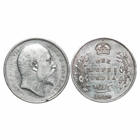 Edward VII, Silver, Rupee, 1908, Calcutta Mint, No mint mark. F. Prid 194. GK 946. Extreme