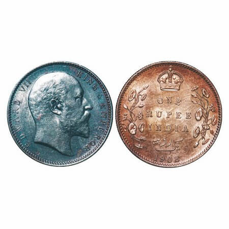 Edward VII, Silver, Rupee, 1908, Calcutta Mint, No mint mark. F. Prid 194. GK 946. Almost