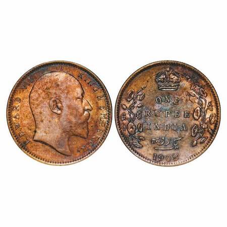 Edward VII, Silver, Rupee, 1908, Bombay Mint, 'B' incused and dot. F. Prid 194. GK 946. Al