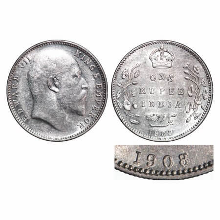 Edward VII, Silver, Rupee, 1908, Bombay Mint, 'B' incused and dot, Numeral 8 struck on num