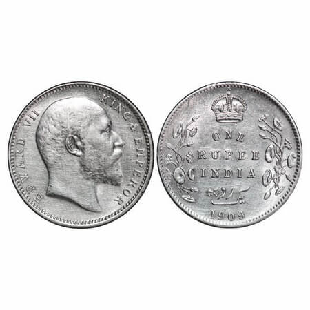 Edward VII, Silver, Rupee, 1909, Calcutta Mint, No mint mark. F. Prid 195. GK 950. About U