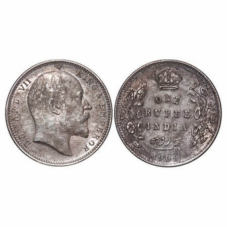 Edward VII, Silver, Rupee, 1909, Calcutta Mint, No mint mark. F. Prid 195. GK 950. About U