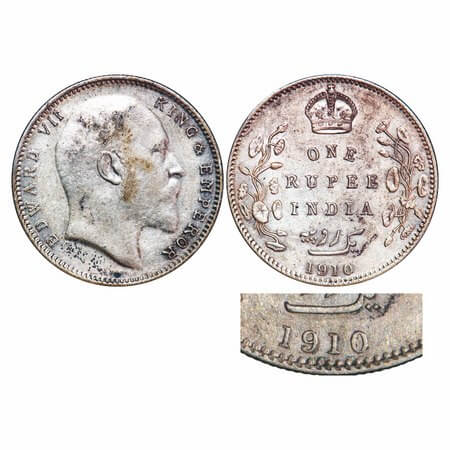 Edward VII, Silver, Rupee, 1910, Bombay Mint, 'B' incused and dot, Last numerals 10 struck