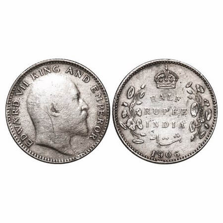 Edward VII, Silver, Half Rupee, 1906, Bombay Mint, 'B' incused, No dot. F. Prid 315. GK 96