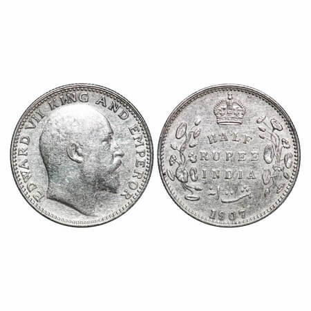 Edward VII, Silver, Half Rupee, 1907, Bombay Mint, 'B' incused and dot. F. Prid 316. GK 96