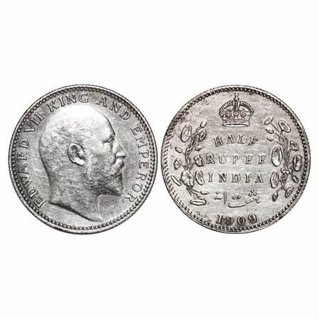 Edward VII, Silver, Half Rupee, 1909, Calcutta Mint, No mint mark. F. Prid 313. GK 969. Ex