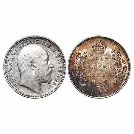 Edward VII, Silver, Half Rupee, 1909, Calcutta Mint, No mint mark. F. Prid 313. GK 969. Ab
