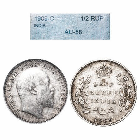 Edward VII, Silver, Half Rupee, 1909, Calcutta Mint, No mint mark. F. Prid 313. GK 969. NN
