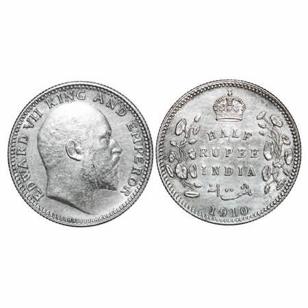 Edward VII, Silver, Half Rupee, 1910, Calcutta Mint, No mint mark. F. Prid 314. GK 971. Ab