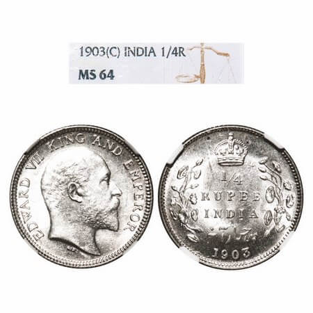 Edward VII, Silver, 1/4 Rupee, 1903, Calcutta Mint, No mint mark. F. Prid 432. GK 972. NGC