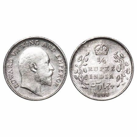 Edward VII, Silver, 1/4 Rupee, 1908, Calcutta Mint, No mint mark. F. Prid 437. GK 977. Ext