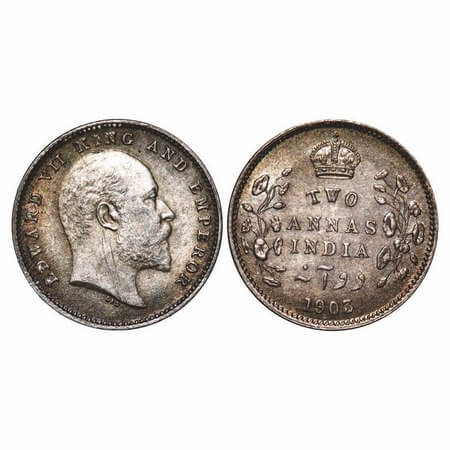 Edward VII, Silver, 2 Annas, 1903, Calcutta Mint, No mint mark, Die cracks on Obv and Rev.