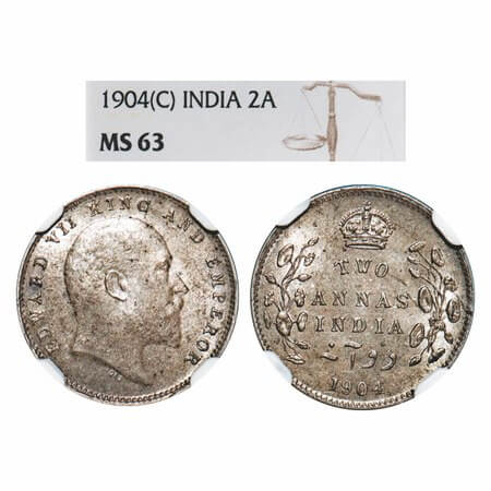 Edward VII, Silver, 2 Annas, 1904, Calcutta Mint, No mint mark. F. Prid 557. GK 981. NGC S