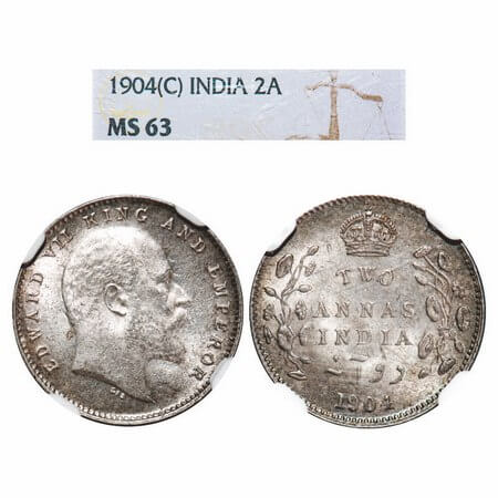 Edward VII, Silver, 2 Annas, 1904, Calcutta Mint, No mint mark. F. Prid 557. GK 981. NGC S