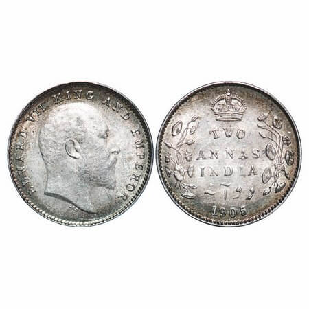 Edward VII, Silver, 2 Annas, 1905, Calcutta Mint, No mint mark. F. Prid 558. GK 982. About
