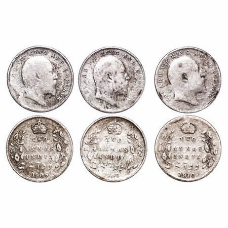 Edward VII, Silver, 2 annas (3 coins), 1905, 1907, 1910, Calcutta Mint, No mint mark. F, P