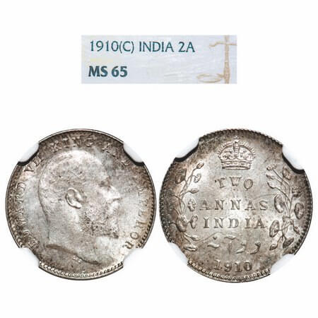 Edward VII, Silver, 2 Annas, 1910, Calcutta Mint, No mint mark. F. Prid 563. GK 987. NGC S