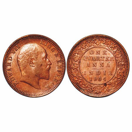 Edward VII, Copper, Quarter Anna, 1904, Calcutta Mint, No mint mark. F. Prid 647. GK 995. 