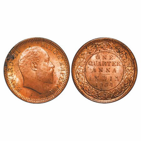 Edward VII, Copper, Quarter Anna, 1904, Calcutta Mint, No mint mark, Multiple die cracks o