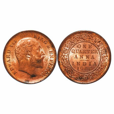 Edward VII, Copper, Quarter Anna, 1906, 6.41 gm. Calcutta Mint, No mint mark. F. Prid 650.