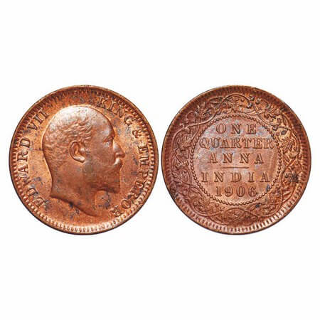 Edward VII, Copper, Quarter Anna, 1906, 6.33 gm. Calcutta Mint, No mint mark, Ghost on Rev