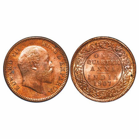 Edward VII, Bronze, Quarter Anna, 1907, Calcutta Mint, No mint mark. F. Prid. 652. GK 999.