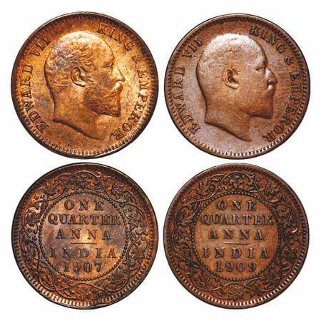 Edward VII, Bronze, Quarter Anna, (2 coins), 1907, 1909, Calcutta Mint, No mint mark. F. P