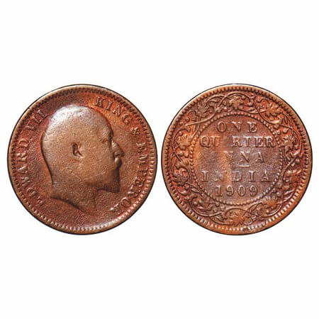Edward VII, Bronze, Quarter Anna, 1909, Calcutta Mint, No mint mark. GK 1001. Very Fine. S