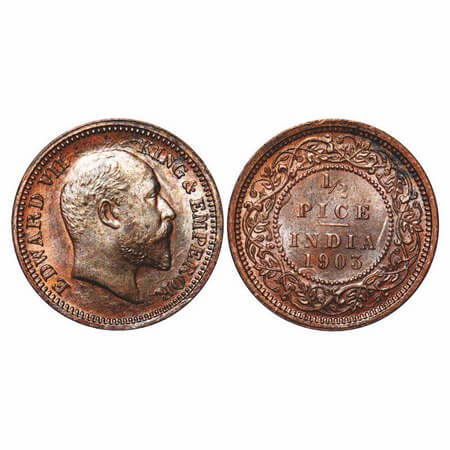 Edward VII, Copper, 1/2 Pice, 1903, Calcutta Mint, No mint mark, Ghost on Rev, Numeral 2 i